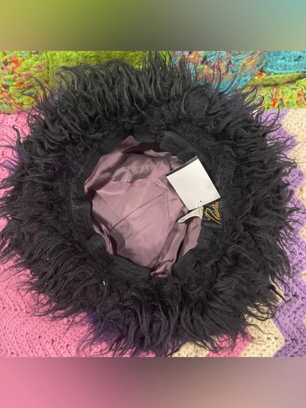 Needles Brand Faux Fur Bucket Hat Sz LG Purple and Black NWOT